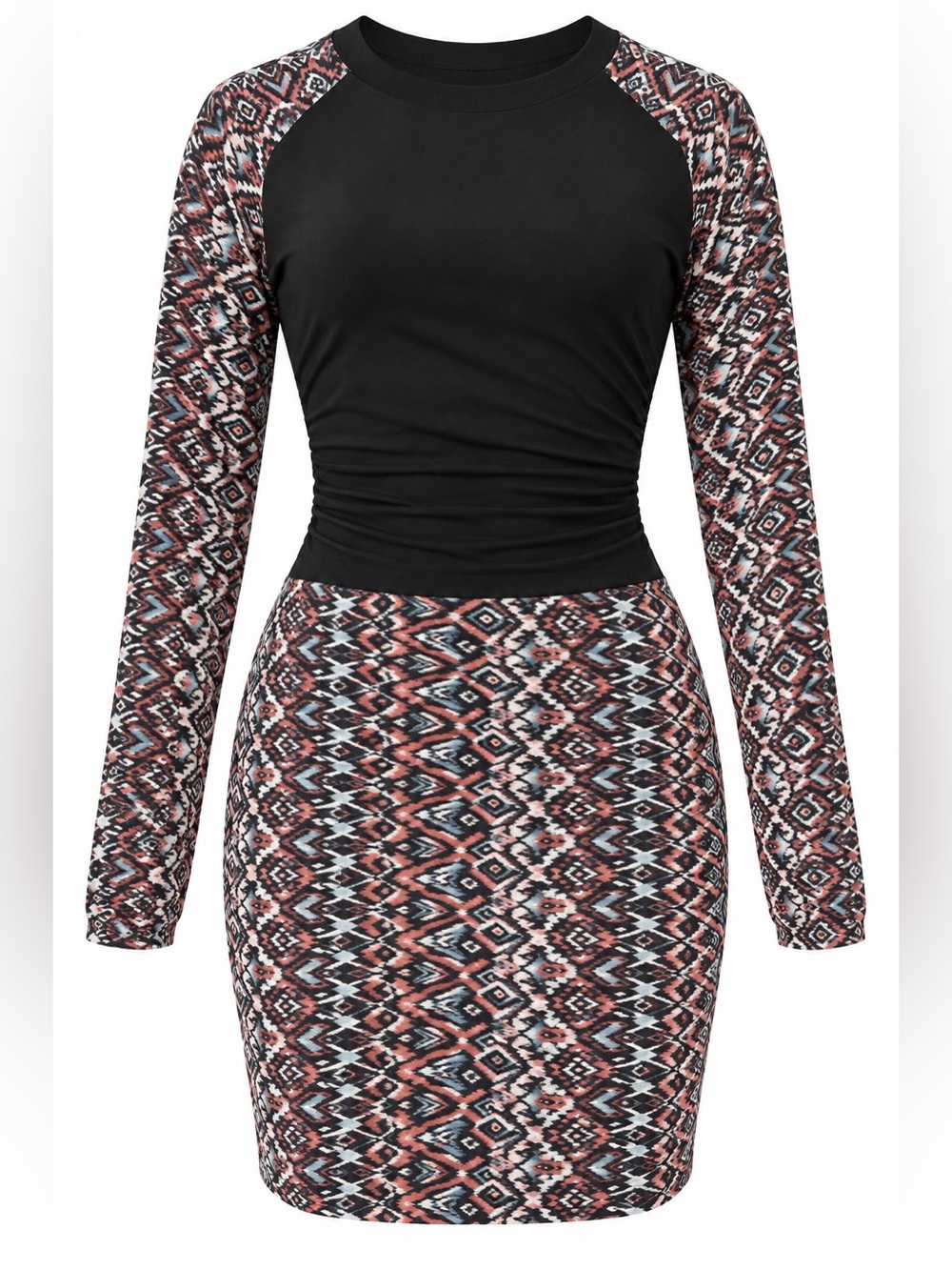 Unbranded Black Tribal Print Long Sleeve Mini Dress M